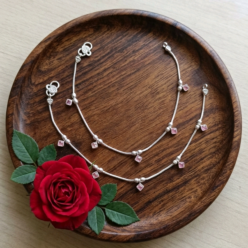 Crystal Charm Silver Anklets